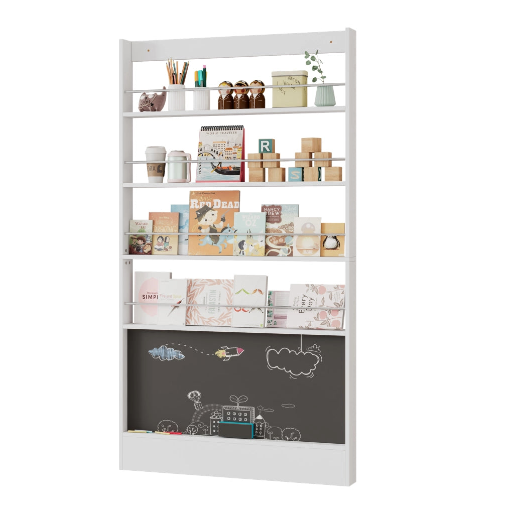 Libreria doppia salvaspazio da 100x10x180 cm, bianca, con lavagna nera, protezione antiribaltamento