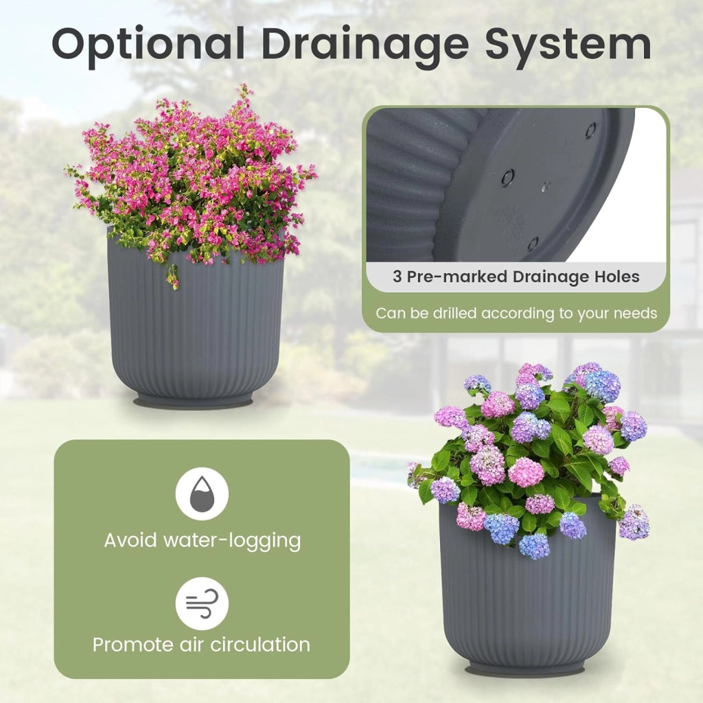 Set di Vasi Rotondi in Plastica, 2 Vasi per Fiori a Strisce con Sistema di Drenaggio Opzionale, Vasi Decorativi per Piante da Interni ed Esterni per Veranda, Giardino e Balcone