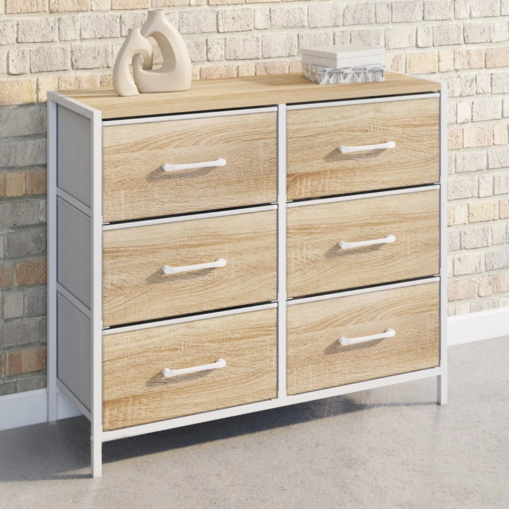 IDMarket - Cassettiera in tessuto a 6 cassetti UTAH 80 cm Mobile contenitore di design industriale in legno e bianco