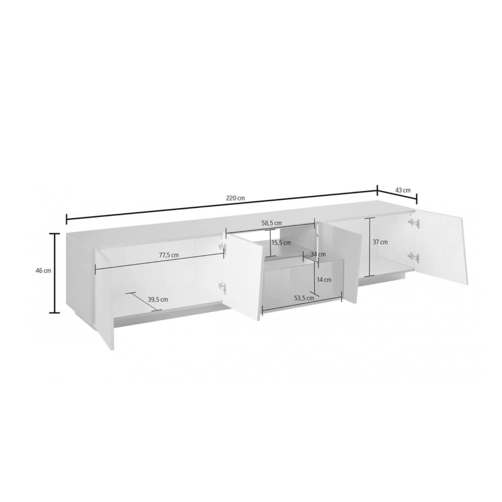 Mobile da soggiorno Porta Azzurras, Made in Italy, Credenza per Azzurras da salotto a 4 ante e 1 cassetto, cm 220x43h46, Bianco lucido