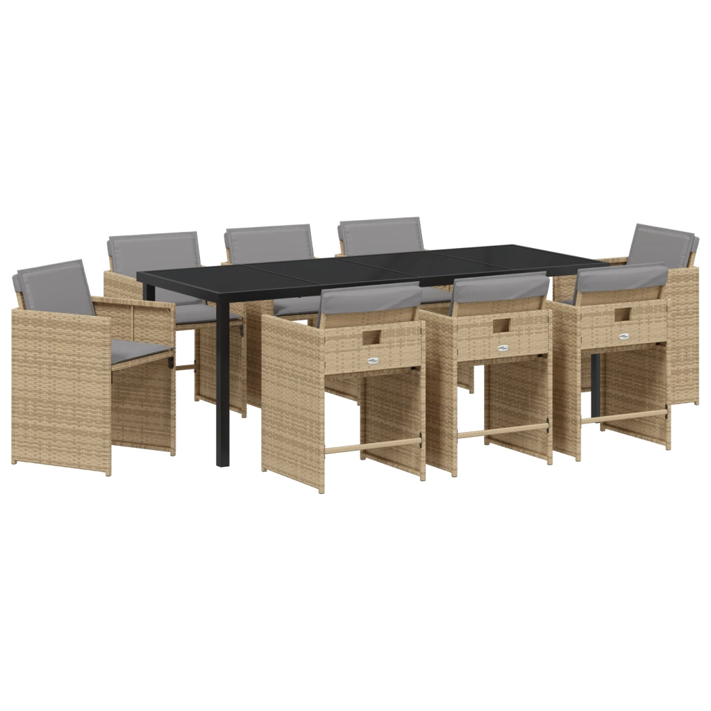 Set da Pranzo da Giardino 9 Pezzi con Cuscini Polyrattan Beige