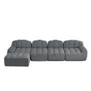 Divano modulare 4 posti con ottomana; forma curva; schiuma 32D; tessuto pile granigliato grigio