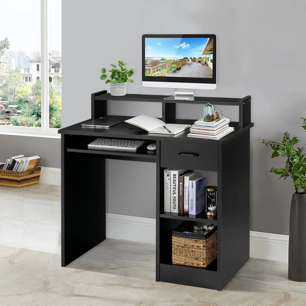 Scrivania per Computer, Tavolo da Lavoro con Supporto per Monitor, Tavolo da Ufficio Moderno con Cassetto e Ripiani, Scrivania per Computer con Spazio (Nero)