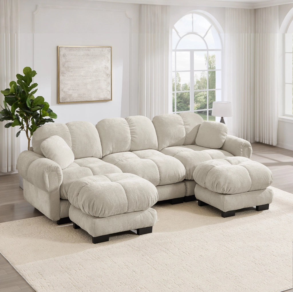 Divano a U 260x149x90 cm in ciniglia color kaki chiaro con pouf mobile