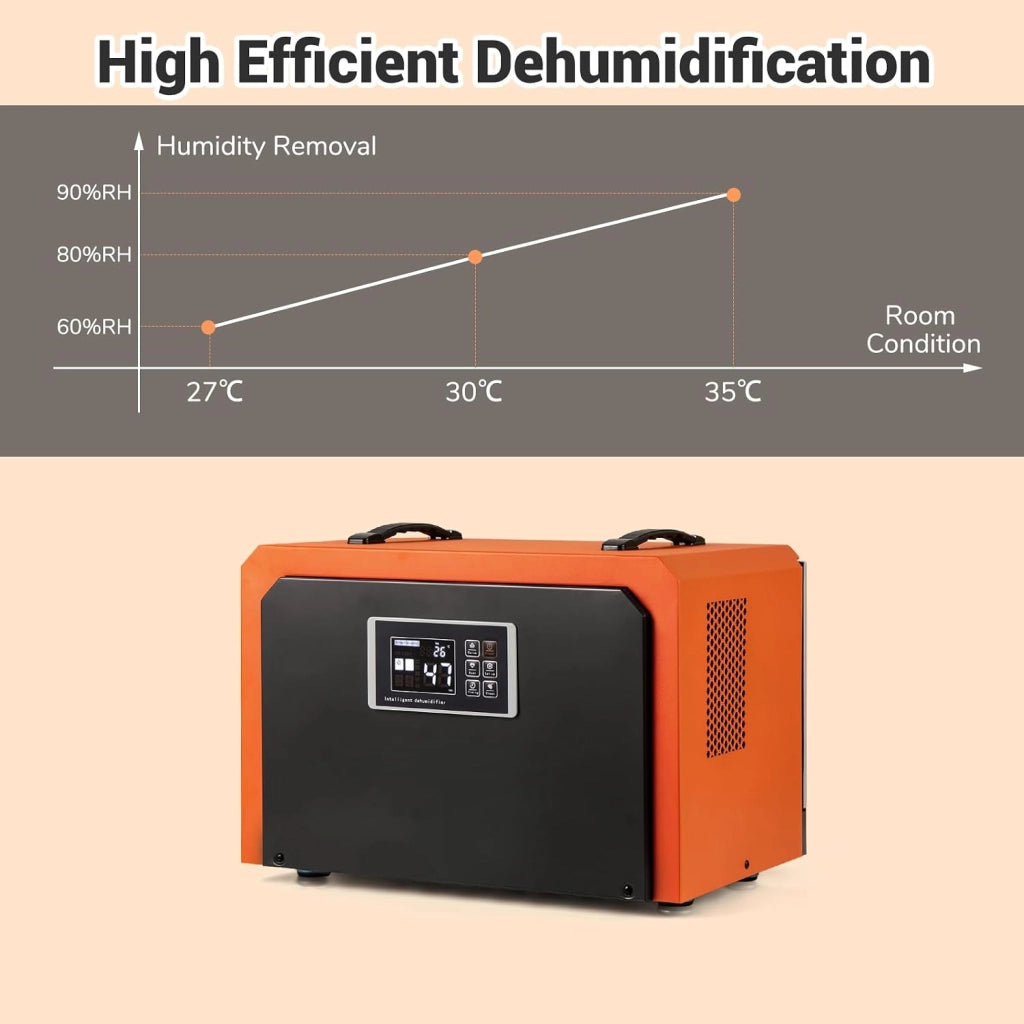 Deumidificatore Elettrico Professionale 750W, 60L/Giorno Max, 450m³/H, con Timer 24 Ore, Filtro Rimovibile e Lavabile, Protezione Alta/Bassa Temperatura, per Cantina, Magazzino, Box Auto