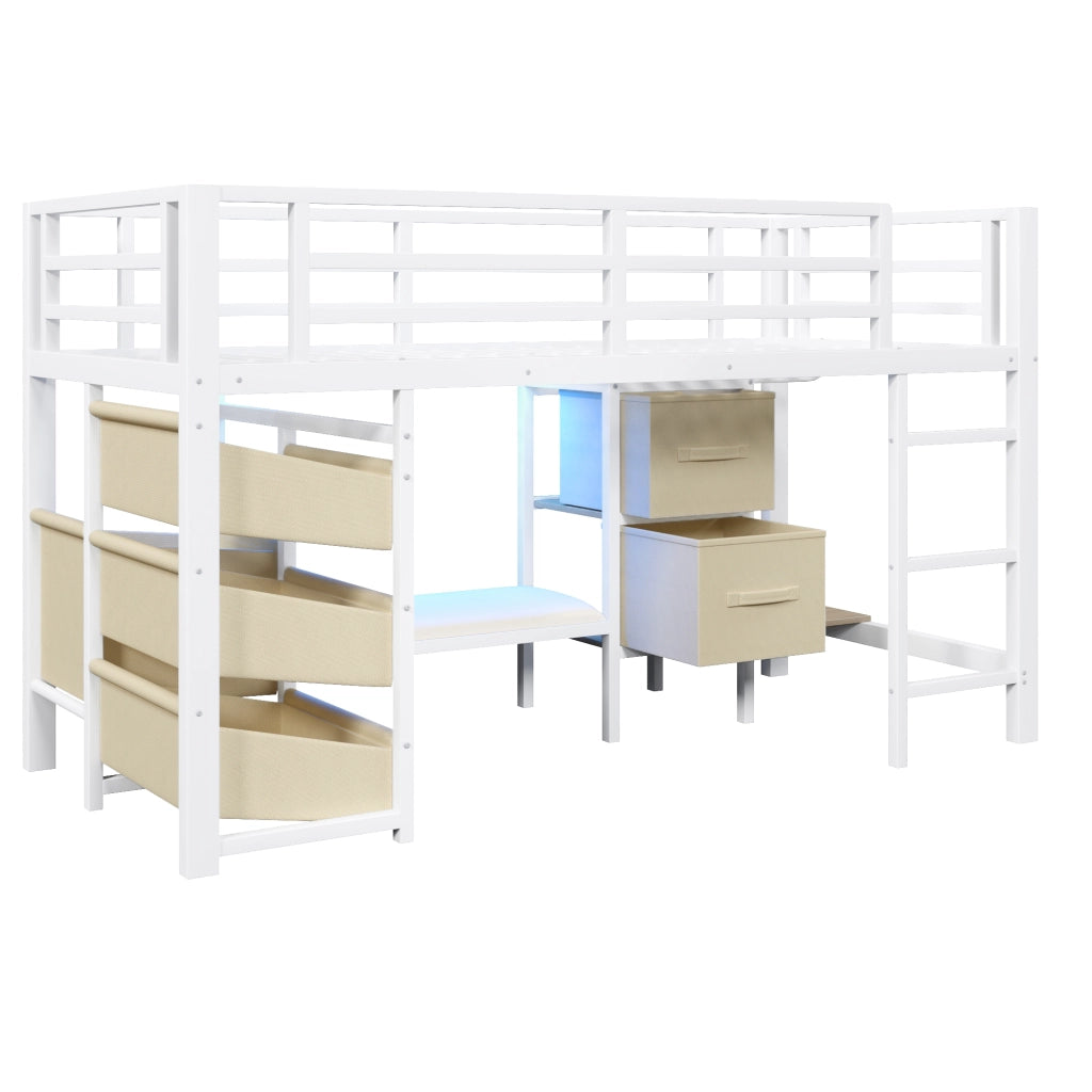 LETTO Semialto 90x200 cm Metallo Bianco con cuscino e contenitori in tessuto