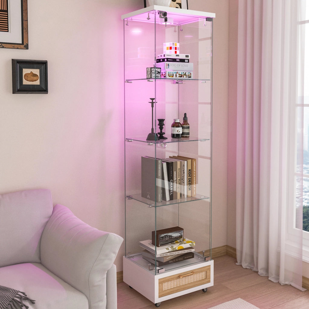 Vetrina con cassetti e LED a 13 colori in MDF e vetro bianco con 4 ripiani e ruote 167 × 42,5 × 36,5 cm