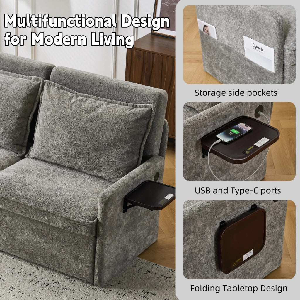 Divano letto 172，5x71x95 cm in ciniglia grigia con USB e contenitore