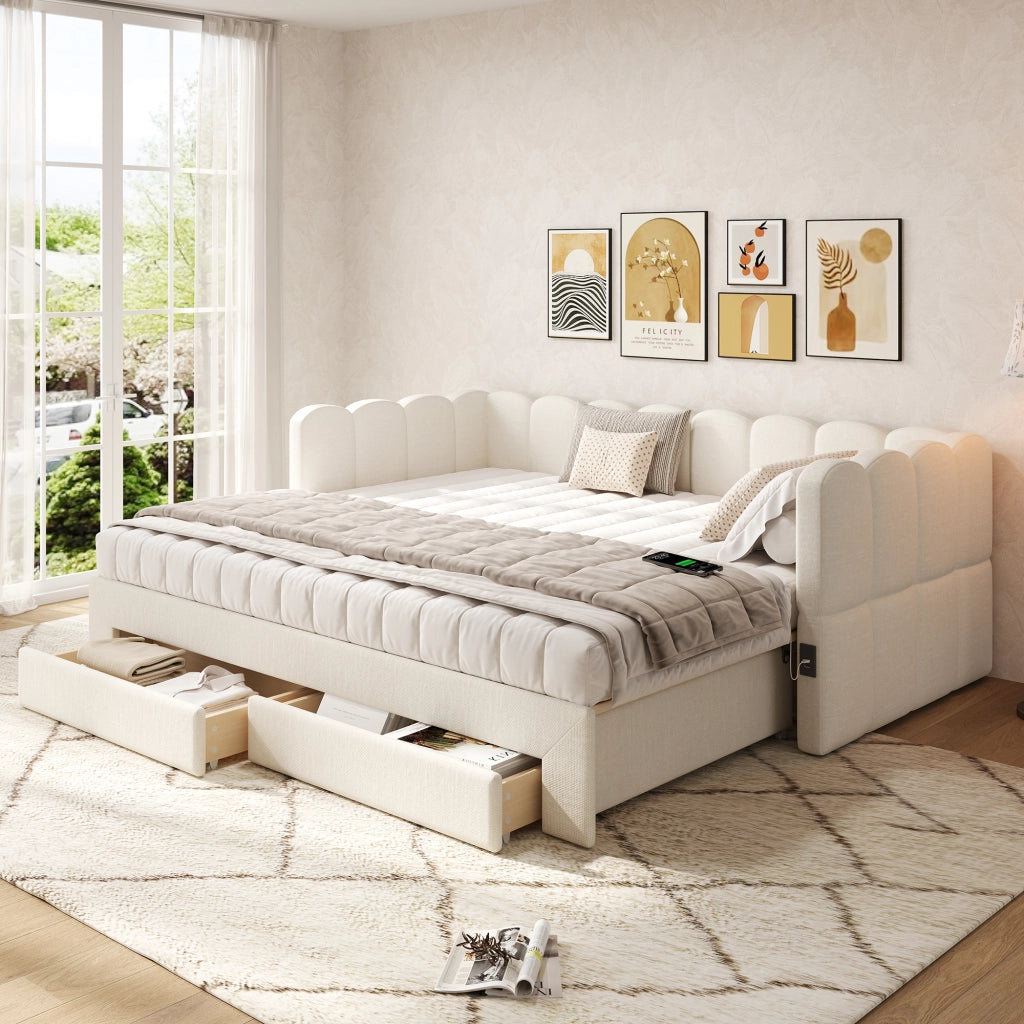 Divano letto con letto estraibile e cassetti, 90x190 cm, lino beige