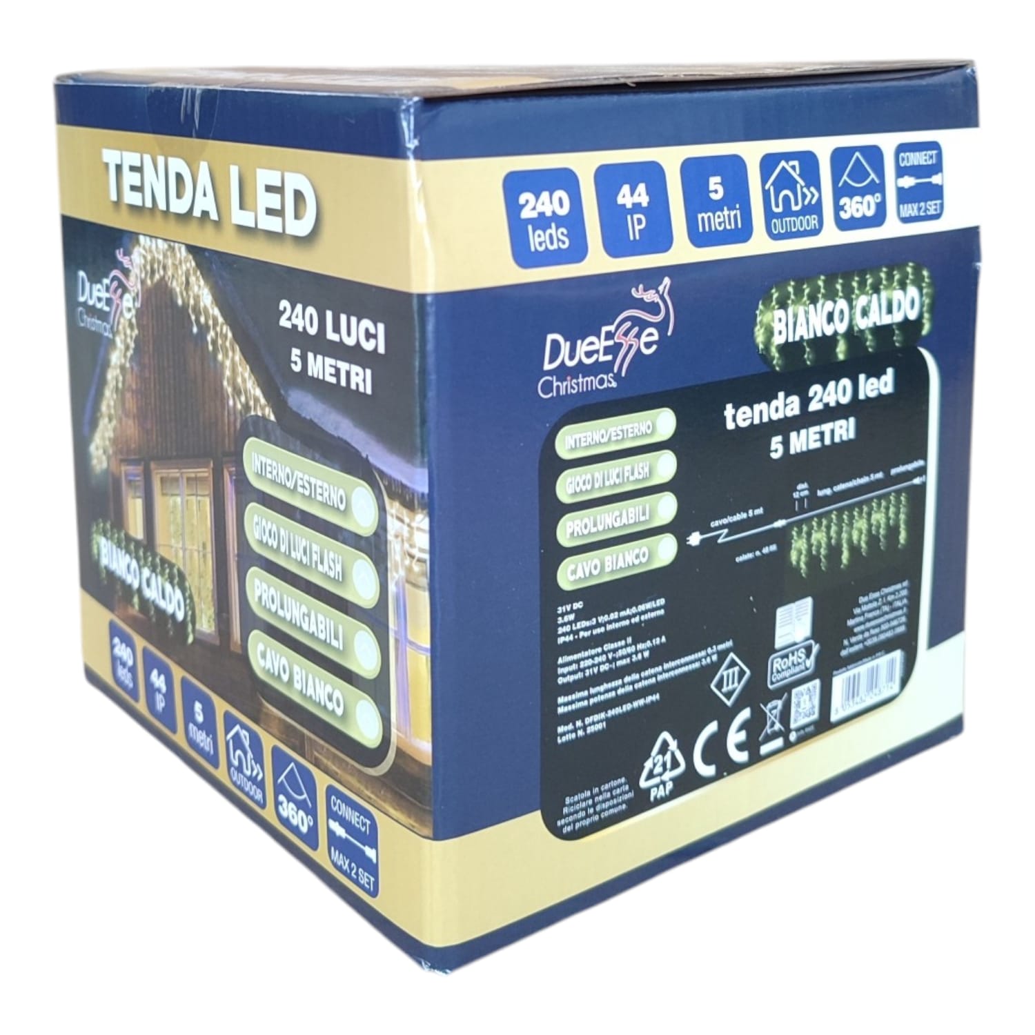 Tenda Luminosa 240 LED Bianco Caldo 5m IP44 Flash Interno Esterno prolungabile