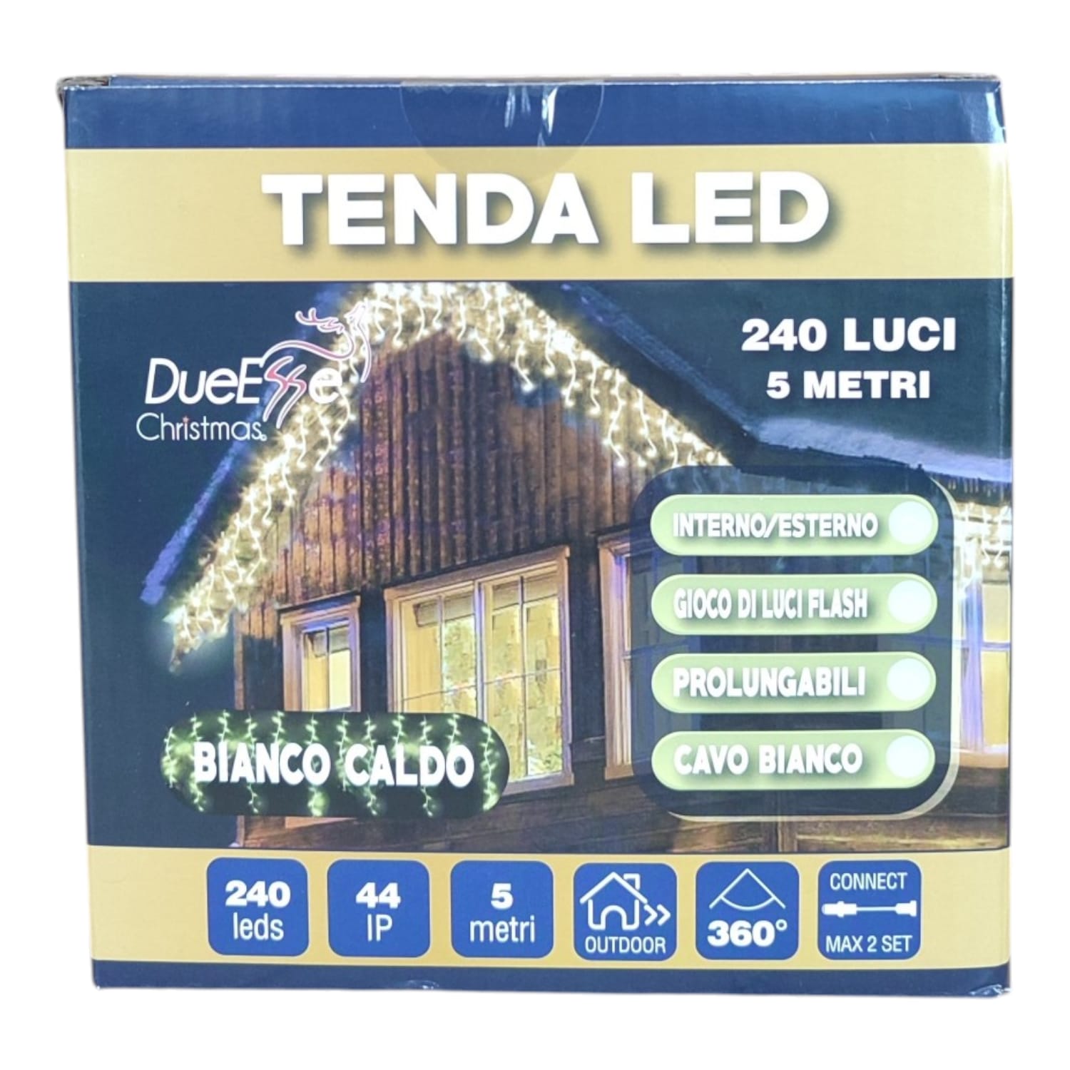 Tenda Luminosa 240 LED Bianco Caldo 5m IP44 Flash Interno Esterno prolungabile