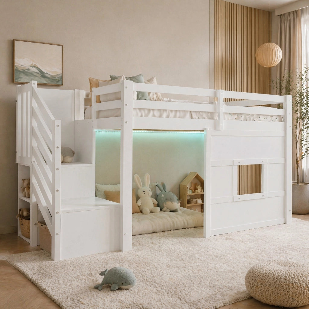 LETTO A CASTELLO 90 x 200 cm con scala contenitore, finestra e LED, Bianco