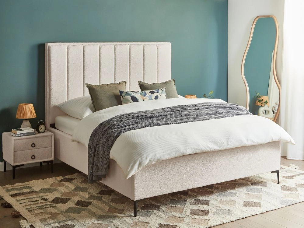 Set camera da letto con 2 Comodini in tessuto bouclè bianco sporco 160 x 200 cm stile moderno