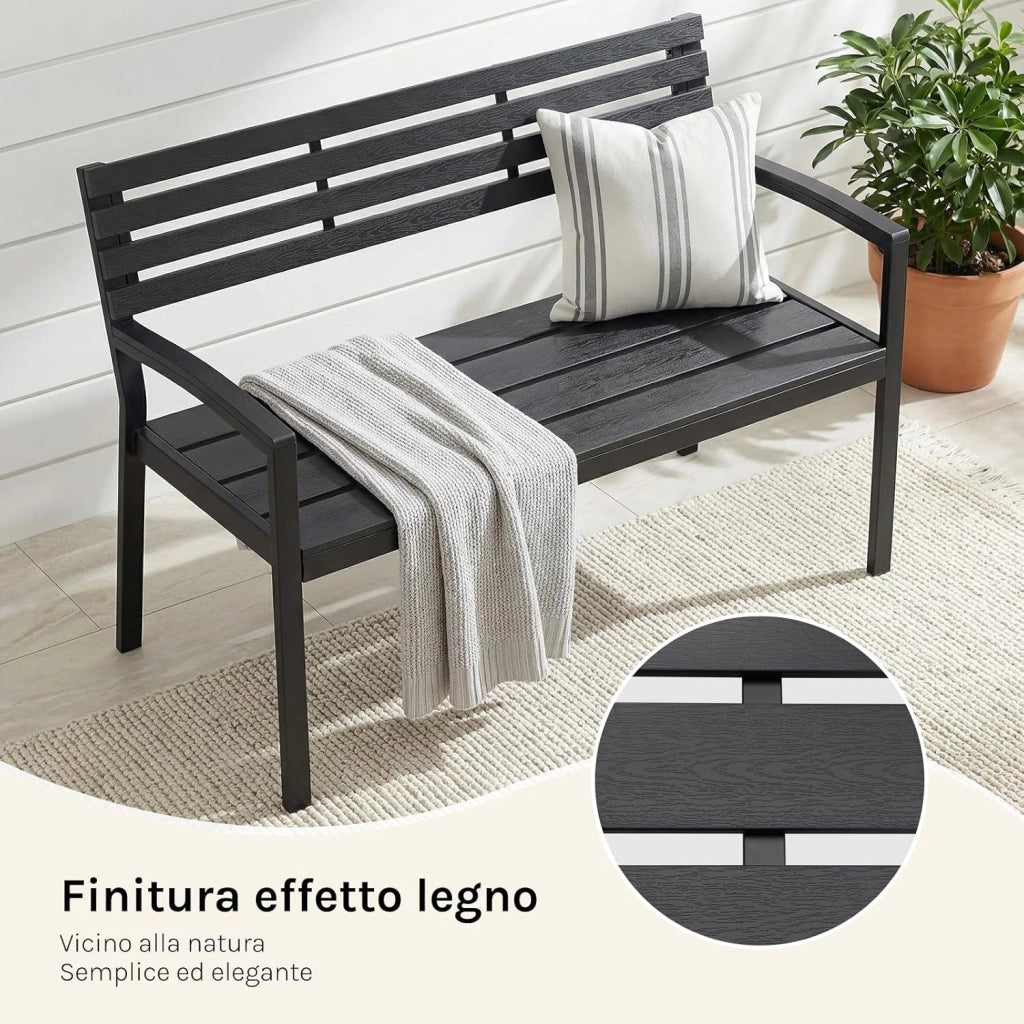 Panca da Giardino 115x55x85 cm, Panchina da Esterno con Schienale e Braccioli, 2-3 Posti, Struttura in Metallo, Resistente alle Intemperie, Portata 280 kg, per Cortile, Terrazza, Prato, Nero