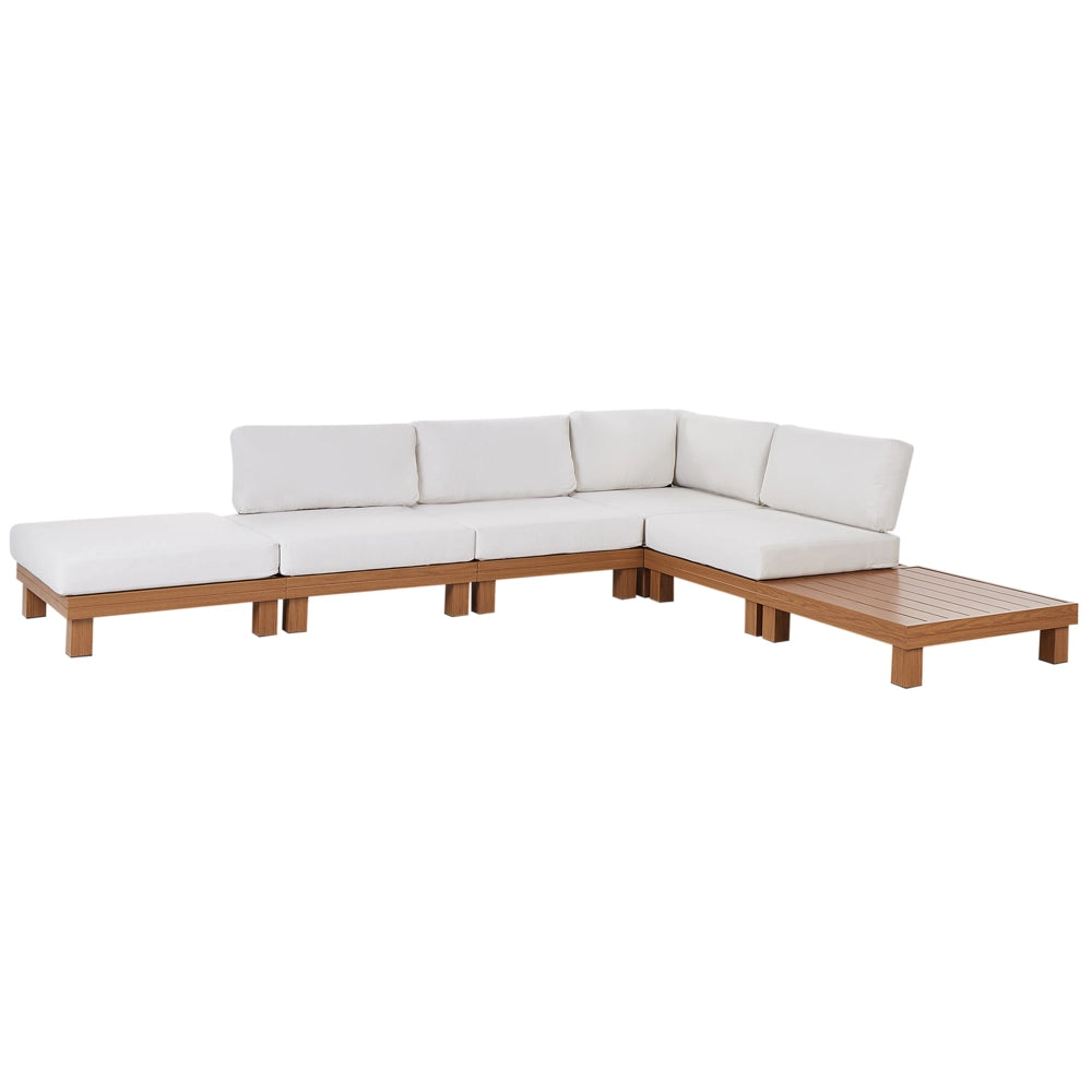 Set di divani angolari modulari da giardino Cuscini bianchi Struttura in alluminio effetto legno chiaro con tavolino da caffè
