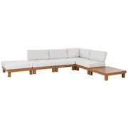 Set di divani angolari modulari da giardino Cuscini bianchi Struttura in alluminio effetto legno chiaro con tavolino da caffè