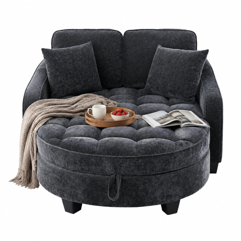Divano letto 2 in 1 con pouf contenitore; 132x129x93 cm; in eucalipto; nero