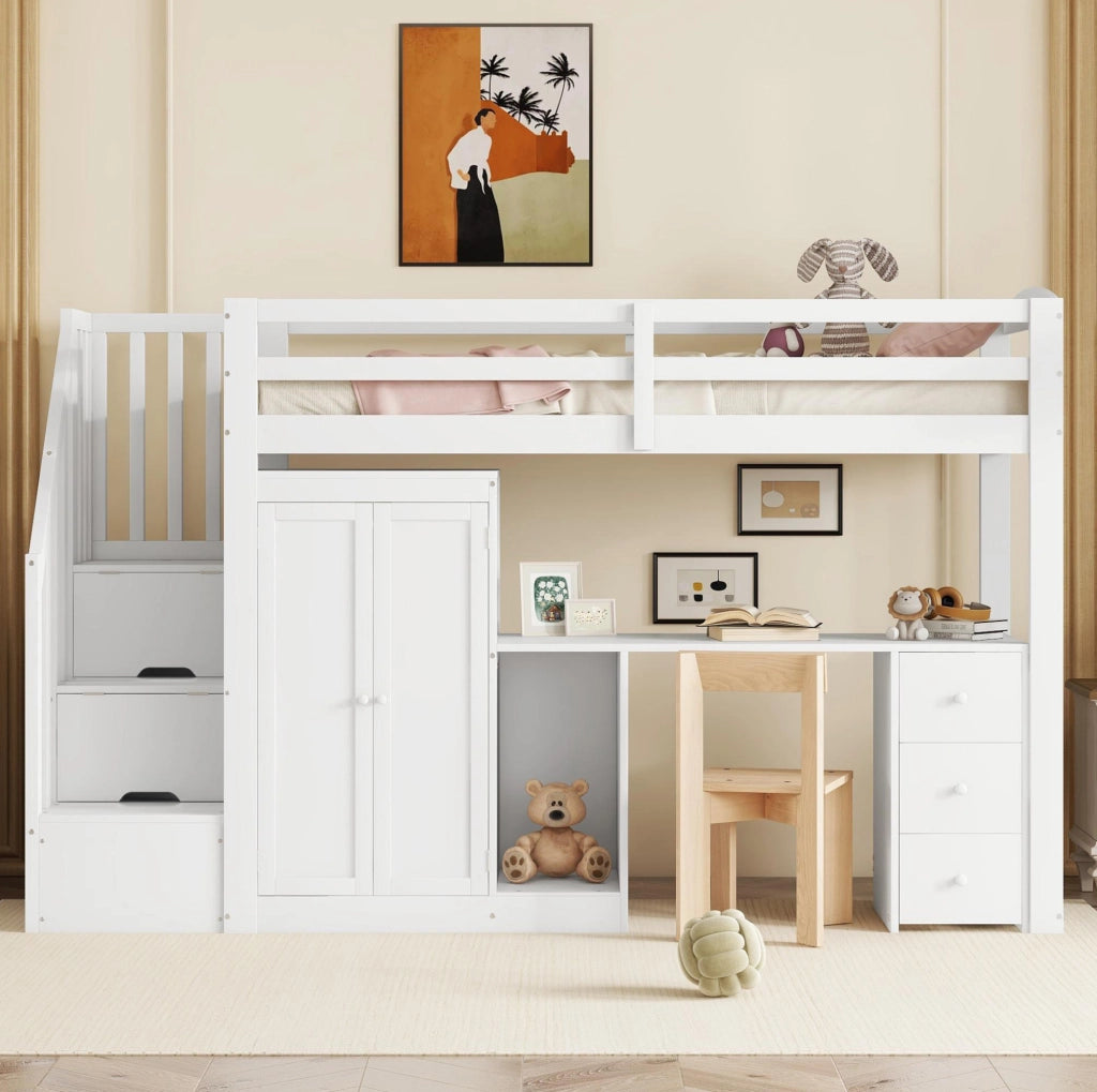 Letto a soppalco 90x200 cm con scrivania e armadio, bianco
