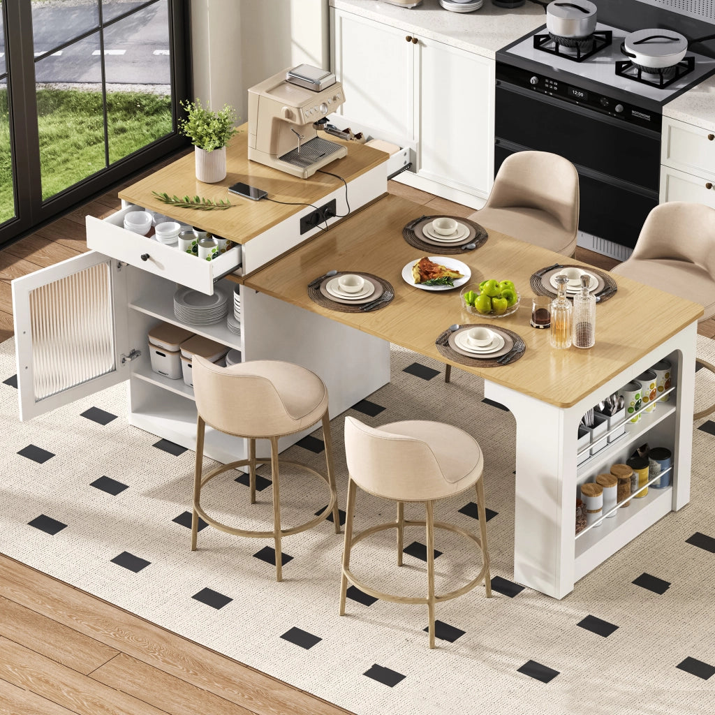 Tavolo da pranzo - isola cucina su ruote - piano estraibile - bar con prese - bianco - per cucina e sala
