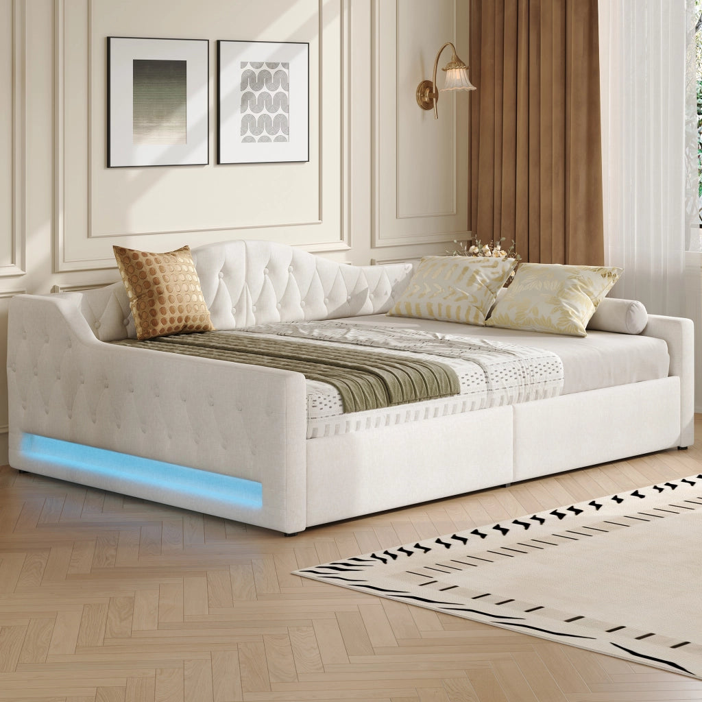 LETTO Contenitore 140x200 cm con LED Beige in MDF e Plywood