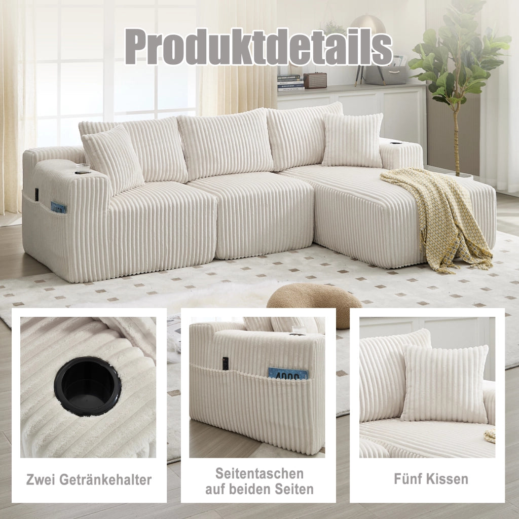 Divano modulare con chaise longue e 2 posti, tasche laterali, portabicchieri e 5 cuscini in corduroy beige