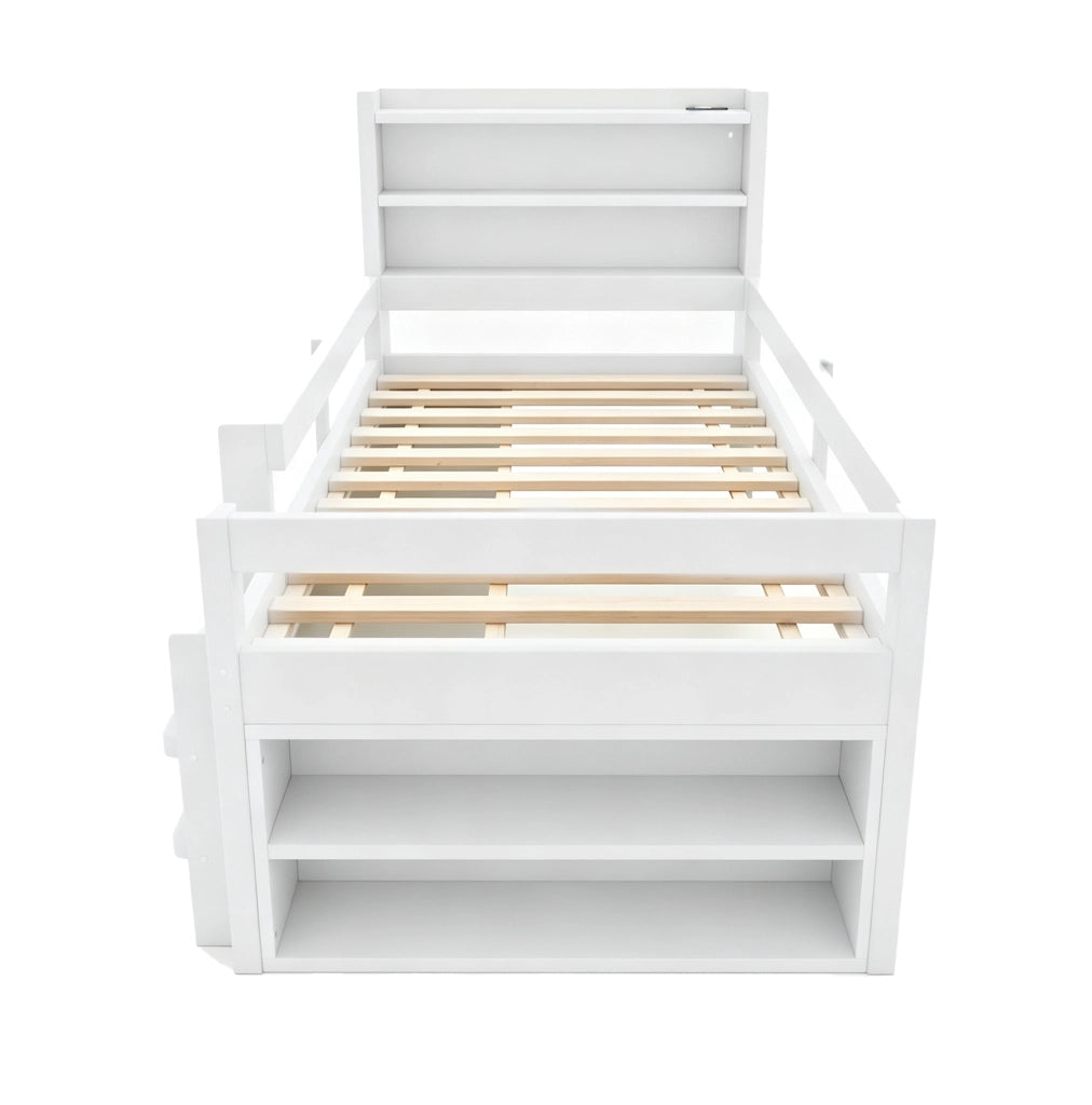 Letto a soppalco 90x200 cm con contenitore; LED e USB in legno bianco
