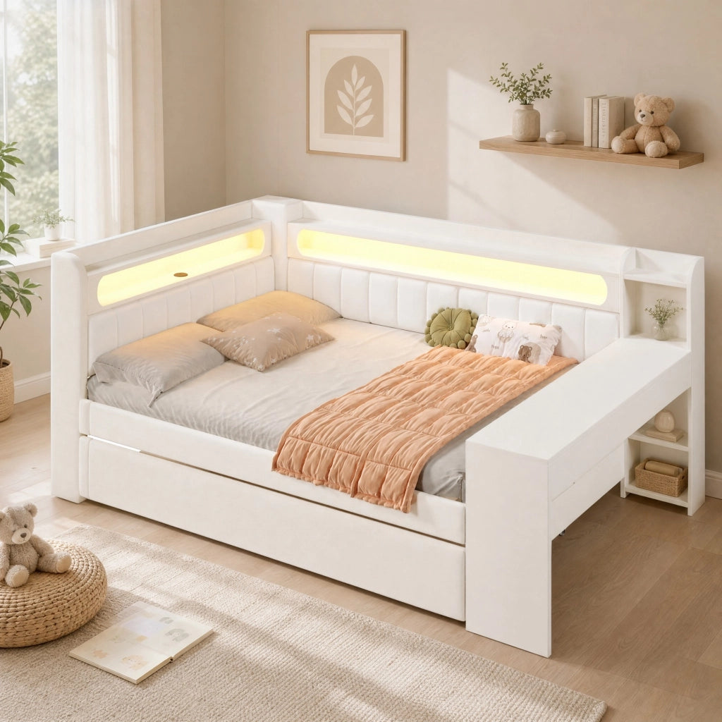 LETTO Giorno 140x200 cm Imbottito Bianco con letto estraibile, scrivania, LED e USB