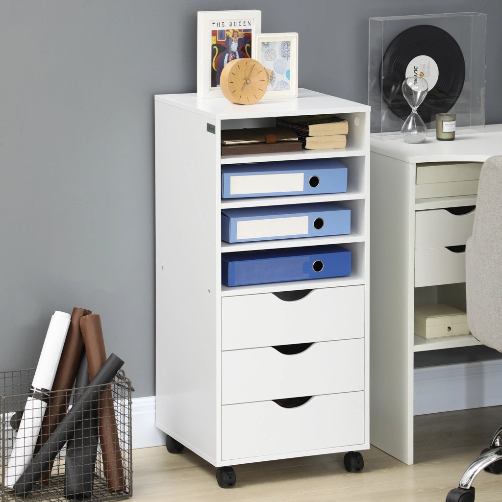 Cassettiera da Ufficio con 4 Ruote 3 Cassetti 4 Ripiani ¨C Minimal ¨C Bianco Legno