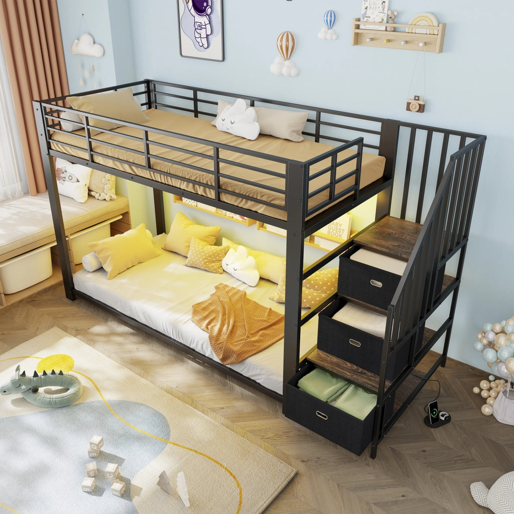 Letto a castello 90x200 cm con scala contenitore; LED e prese in MDF e metallo nero