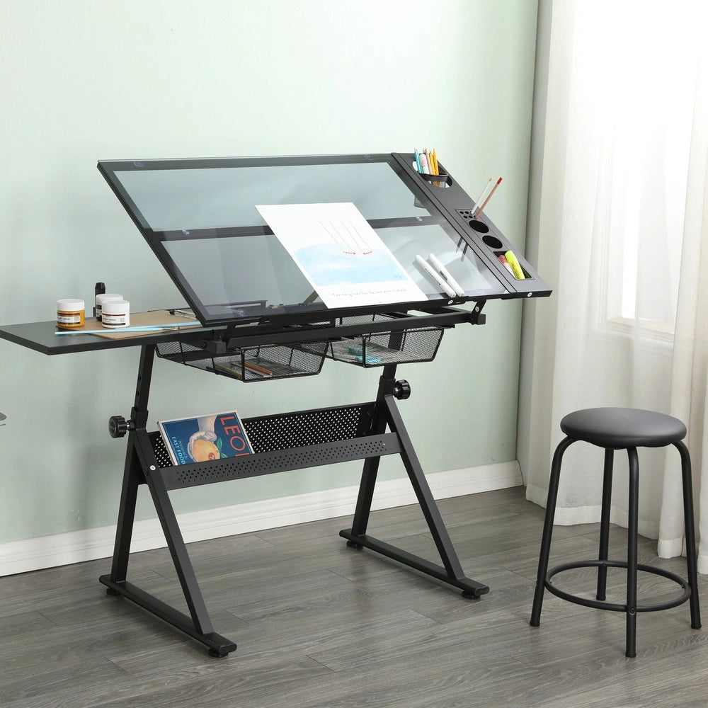 Tavolo da Disegno in Vetro Temperato Regolabile con Sedia ¨C Xylo ¨C Nero