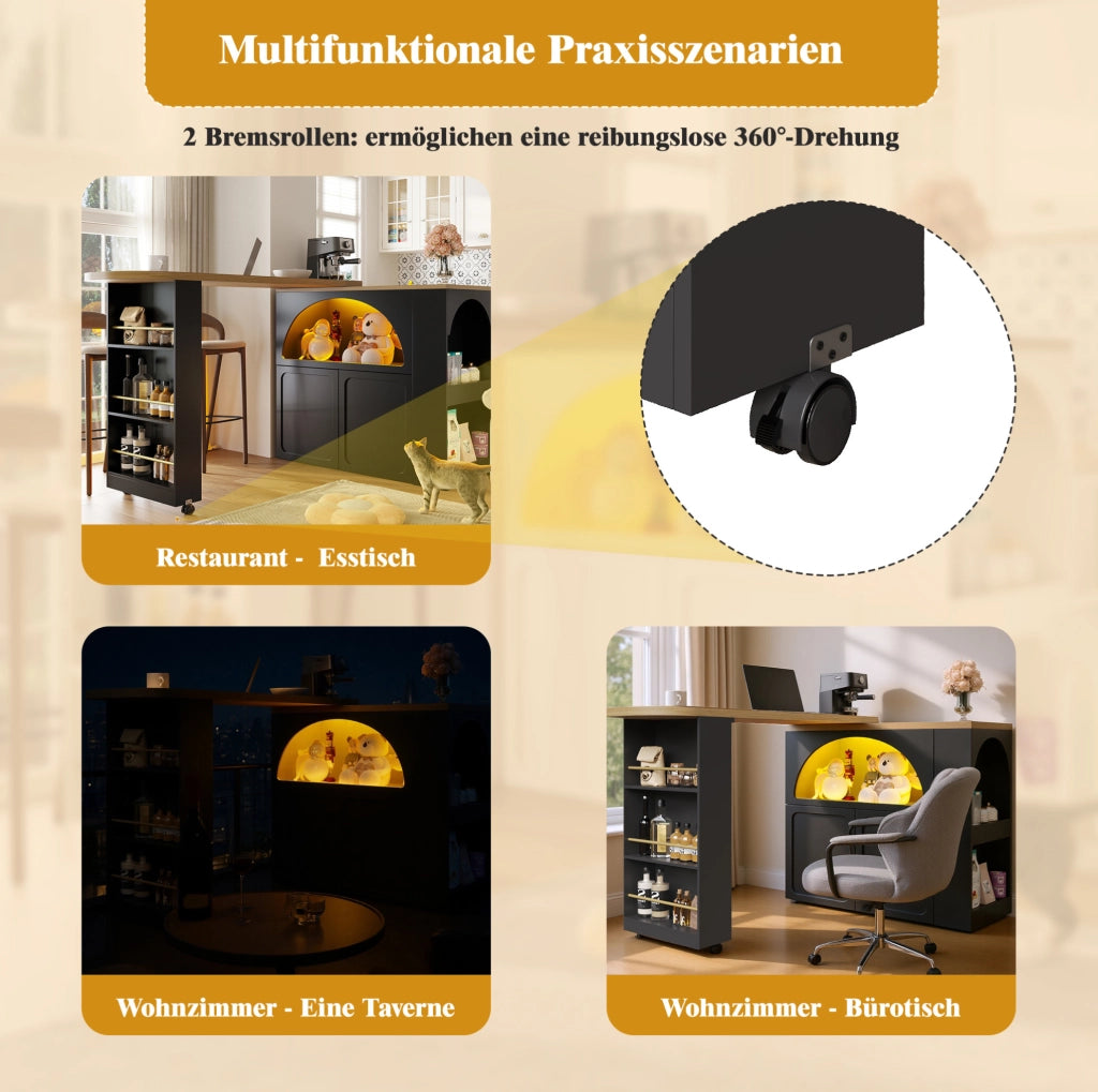 Tavolo bar mobile estensibile con LED e vano contenitore nero