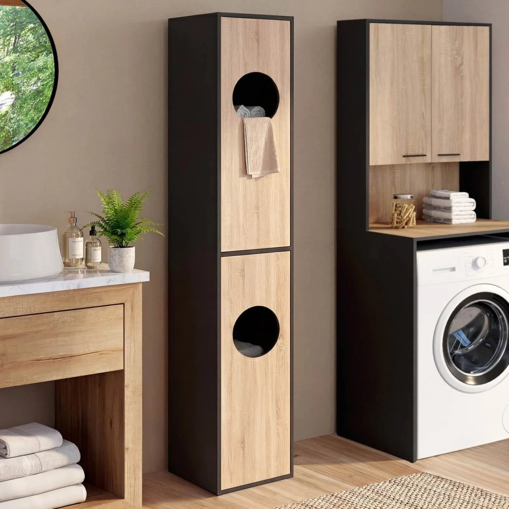 IDMarket - Armadio portabiancheria per lavanderia, colonna da bagno WALLIS nero e finitura effetto faggio