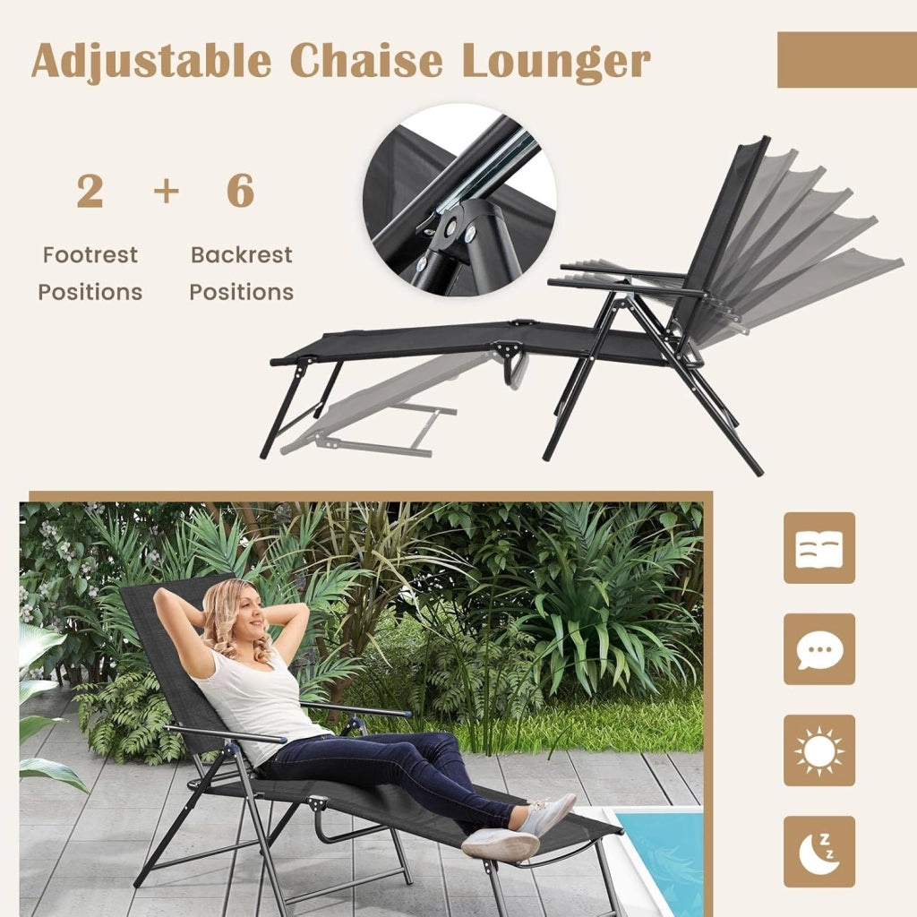 Set di 2 Sedie a Sdraio Pieghevolecon Schienale Regolabile e Poggiapiedi, Capacità di Carico 150 kg, Lettino Prendisole da Giardino Ideali per Patio, Giardino e Piscina, Nero