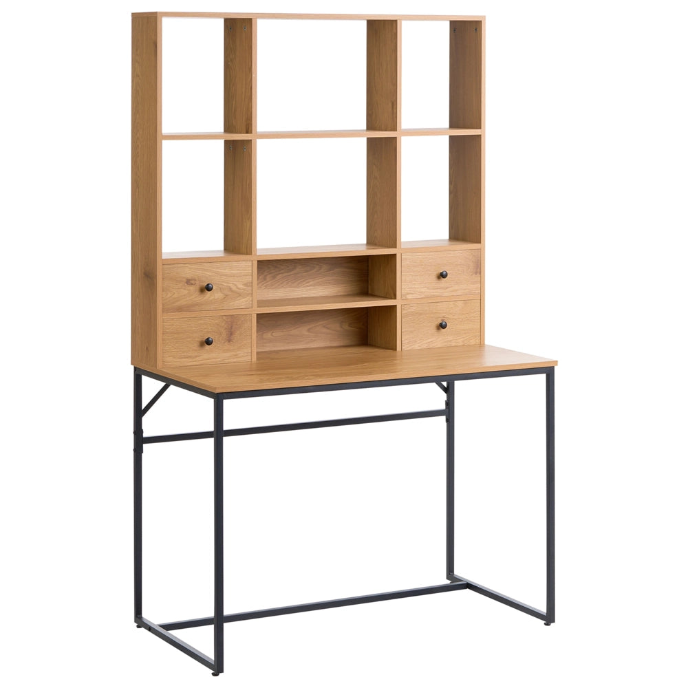 Scrivania da ufficio per la casa in stile scandinavo con cassetti, MDF 105 x 60 cm , ripiani aperti, marrone chiaro