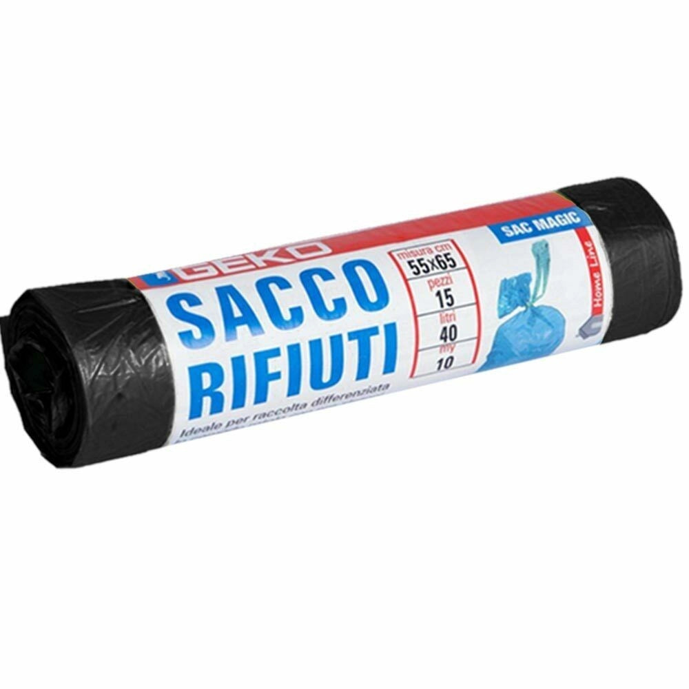 Trade Shop - 7 X Rotoli Sacchetti Buste Spazzatura 40lt 55x65cm Chiusura Laccetto Nero 105pz -