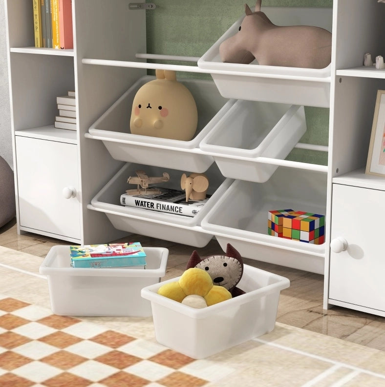 Libreria Montessori ULEVR 140x30x90 cm con contenitori estraibili e adesivi DIY, bianca