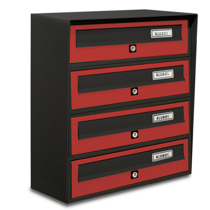 ALUBOX SLIM Cassette Postali Condominiali 4 Posti 50X39X30 Cm In Lamiera Zincata E Alluminio Cassetta Postale Da Esterno Condominiale Con Sistema Anti Prelievo COLORE: ANTRACITE ROSSO