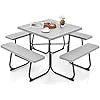 Set Tavolo da Picnic Quadrato con Panche per 8 Persone, Tavolo da Picnic con 4 Panche e Foro per Ombrellone, con Telaio in Metallo, Ogni Panca Portata 225 kg, per Giardino, Cortile (Grigio)