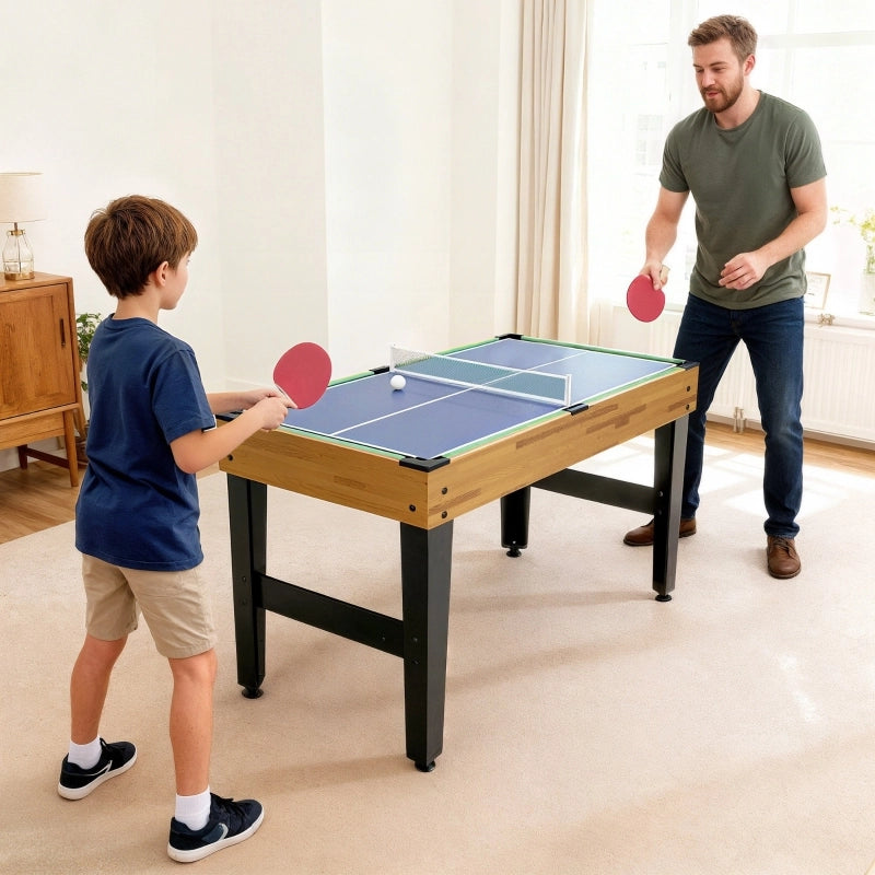 Tavolo da gioco 13 in 1: calcio balilla, scacchi, biliardo, ping-pong e altro ancora. Materiali: MDF, plastica, noce.