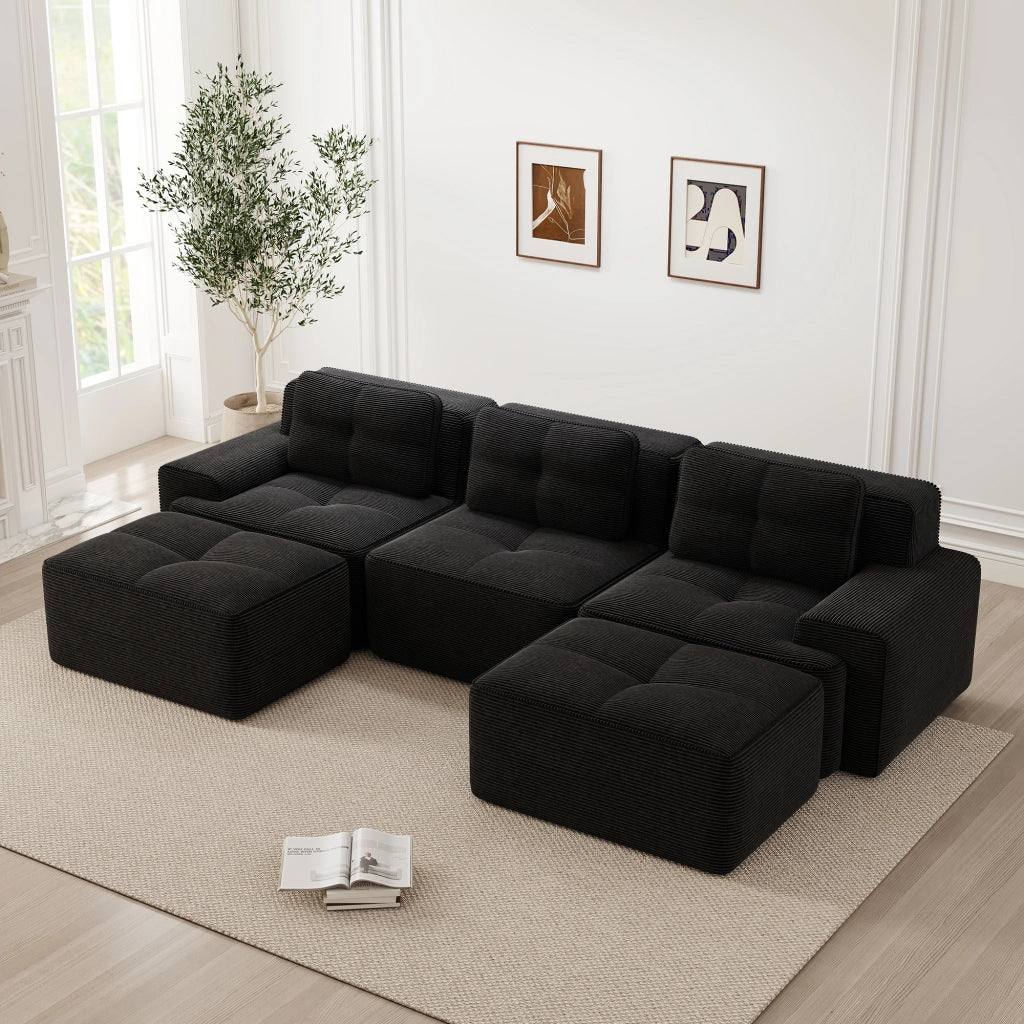 Divano Modulare Cloud U a 3 Posti con Ottoman ¨C MINIMAL ¨C Velluto a Coste, Nero