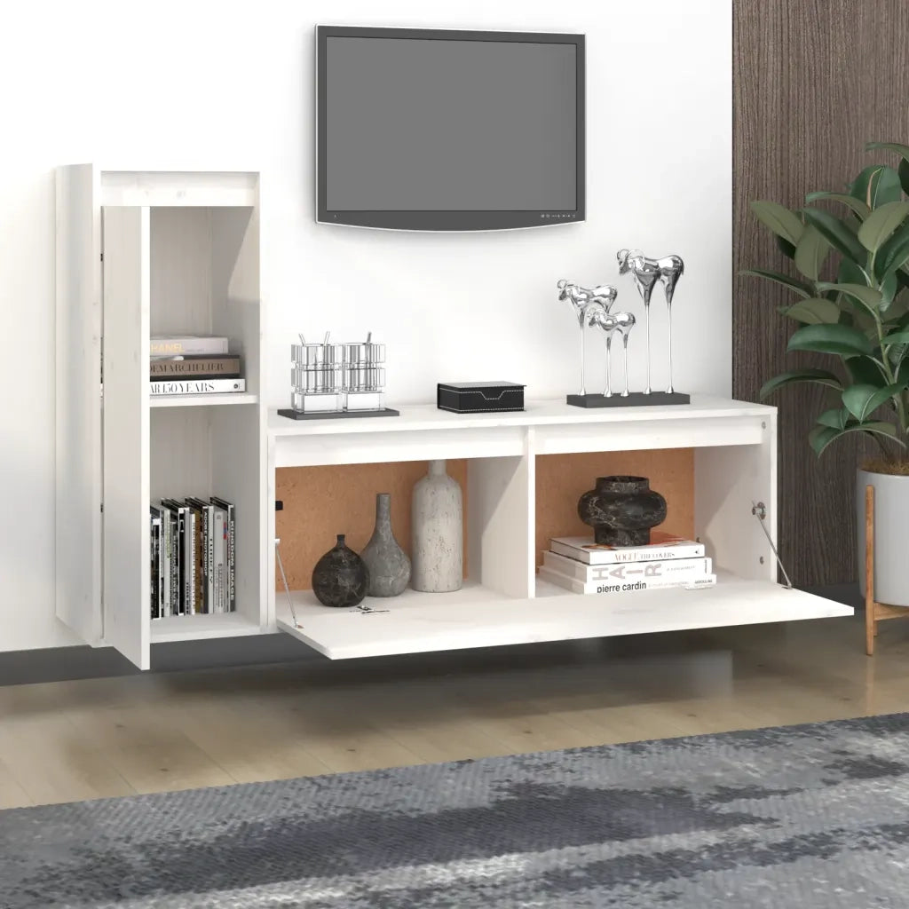 Mobili Porta TV 2 pz-Set di 2 Credenza per TV Bianchi in Legno Massello di Pino