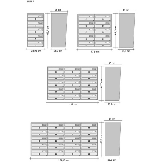 ALUBOX SLIM Cassette Postali Condominiali 5 Posti 63X39X30 Cm In Lamiera Zincata E Alluminio Cassetta Postale Da Esterno Condominiale Con Sistema Anti Prelievo COLORE: ARGENTO