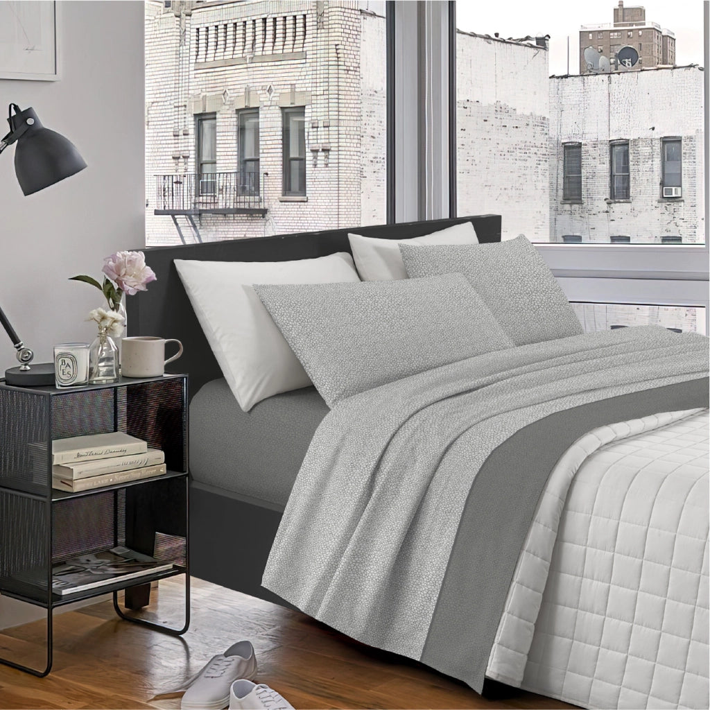 Completo Letto Lenzuola Matrimoniale,100% Cotone, Set letto, Lenzuolo Sopra, Sotto e Federe 2 Piazze Compose Grigio