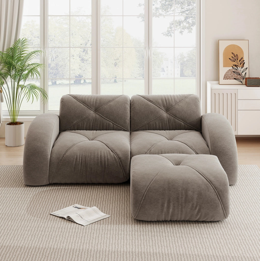 Divano modulare con pouf in chenille taupe