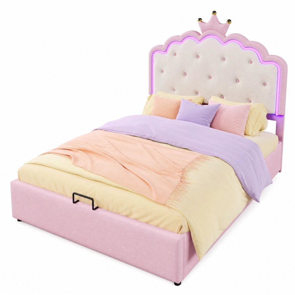 Letto per bambini imbottito con testiera a corona; 140 x 200 cm; PU rosa; con rete a doghe e LED