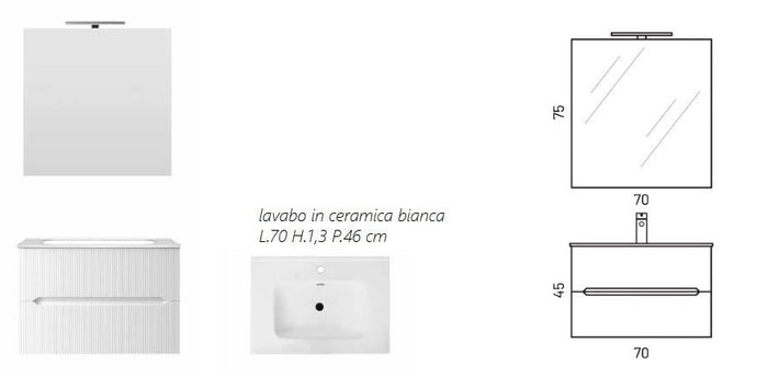 Mobile Bagno Sospeso Completo di Lavabo in Ceramica Specchio Lampada Led Bianco Opaco Cannettato - Misura 70 cm