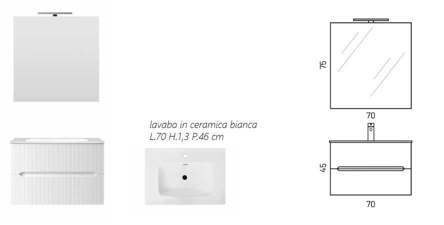 Mobile Bagno Sospeso Completo di Lavabo in Ceramica Specchio Lampada Led Bianco Opaco Cannettato - Misura 70 cm