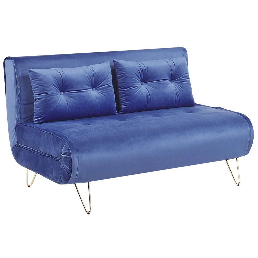Divano letto in velluto blu navy a 2 posti letto pieghevole senza braccioli con 2 cuscini gambe in metallo dorato glamour