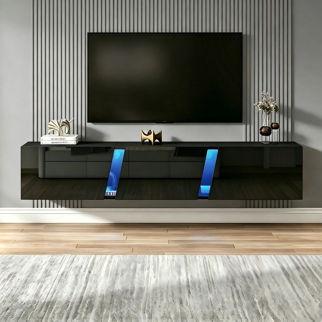 Mobile porta TV sospeso con LED e 3 ante, 5 vani contenitore, per soggiorno, in truciolare, nero, 180 × 35 × 30 cm