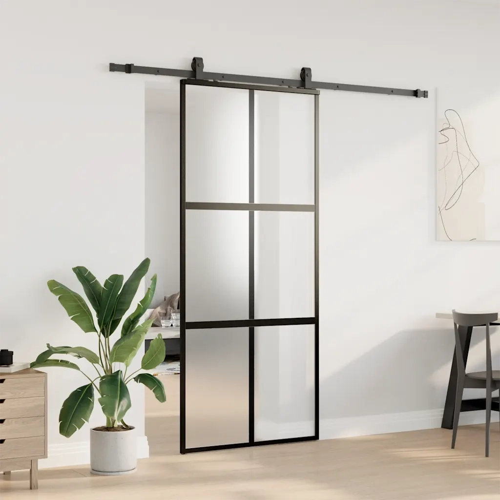 Porta Scorrevole Set Ferramenta Nera 90x205 cm Vetro Temperato 3375961
